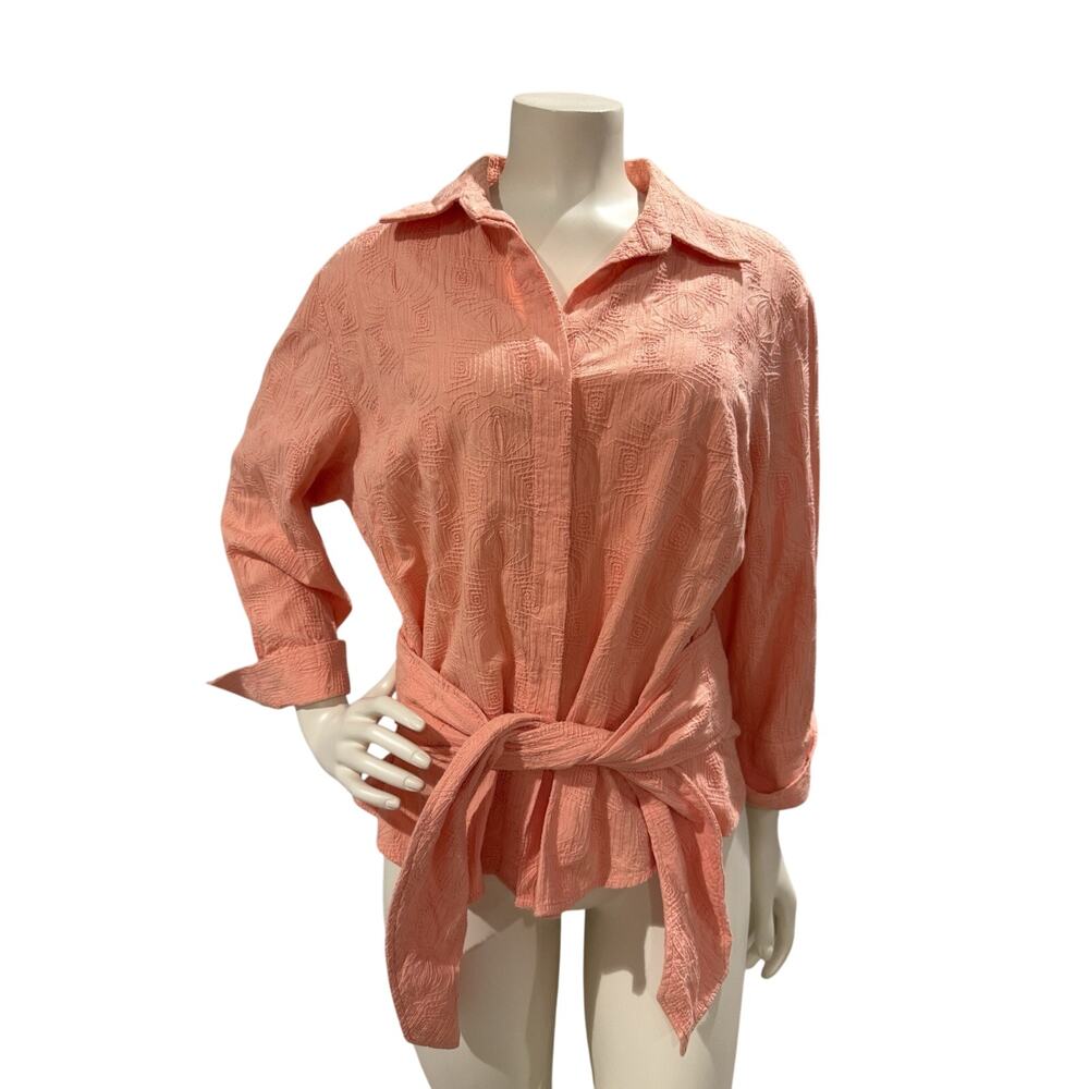 Coldwater Creek Peach 100% Cotton Tie Front Textured Button Up Blouse Sz Large